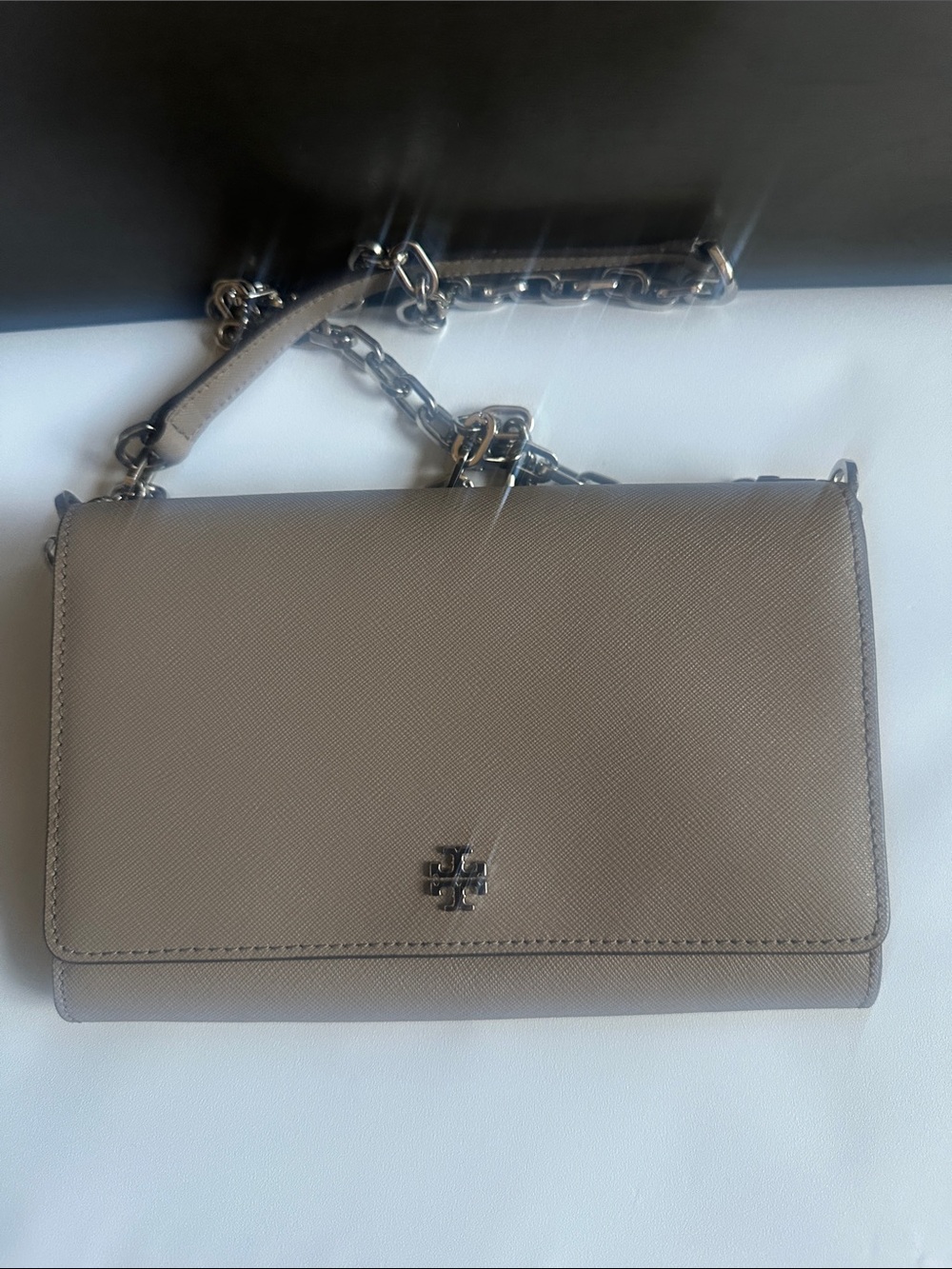 Tory Burch Taupe Leather Chain-Accent Crossbody
